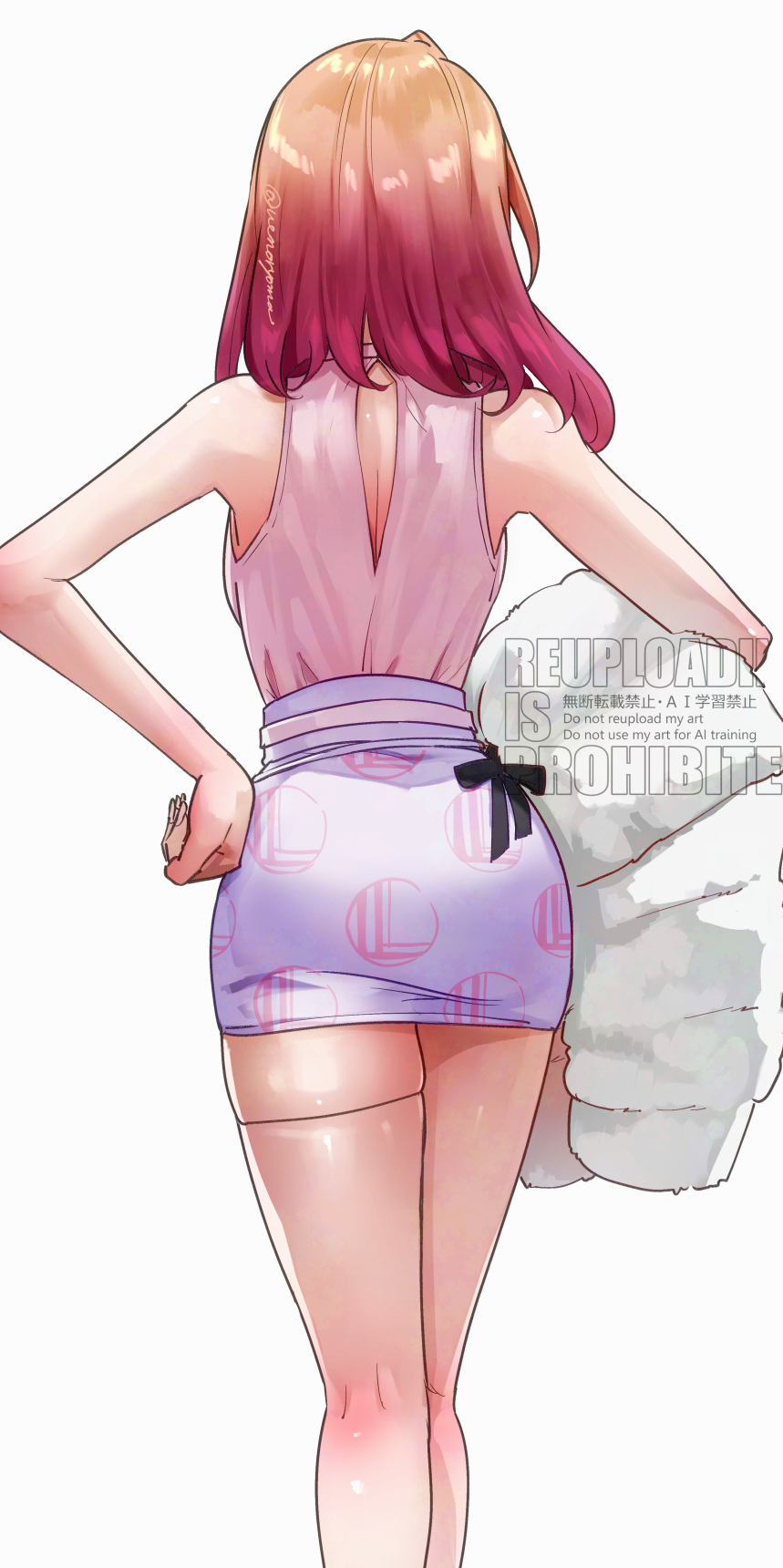 uenoryoma, ichijou ririka, hololive, hololive dev is, highres, 1girl, ass, back, bare shoulders, gradient hair, jacket, medium hair, multicolored hair, orange hair, pencil skirt, pink shirt, purple skirt, shirt, single thighhigh, skirt, sleeveless, sleeveless shirt, solo, thighhighs, thighs, unworn jacket, virtual youtuber, white jacket, white thighhighs