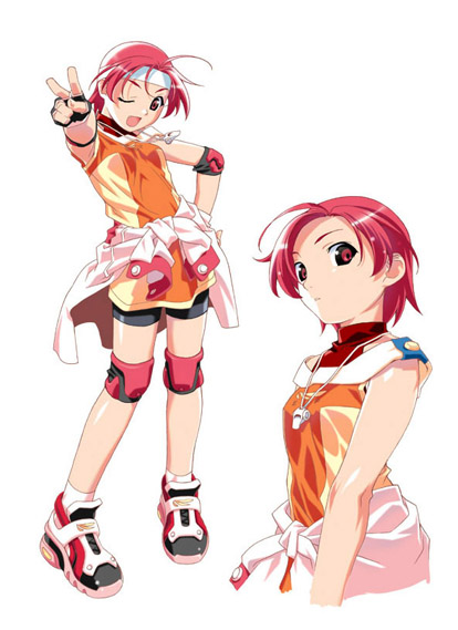 watanabe akio, mai (popotan), popotan, 00s, 1girl, ahoge, bike shorts, breasts, elbow pads, female focus, fingerless gloves, flat chest, gloves, headband, knee pads, one eye closed, pink eyes, pink hair, shoes, short hair, simple background, small breasts, sneakers, solo, v, whistle, white background, wink