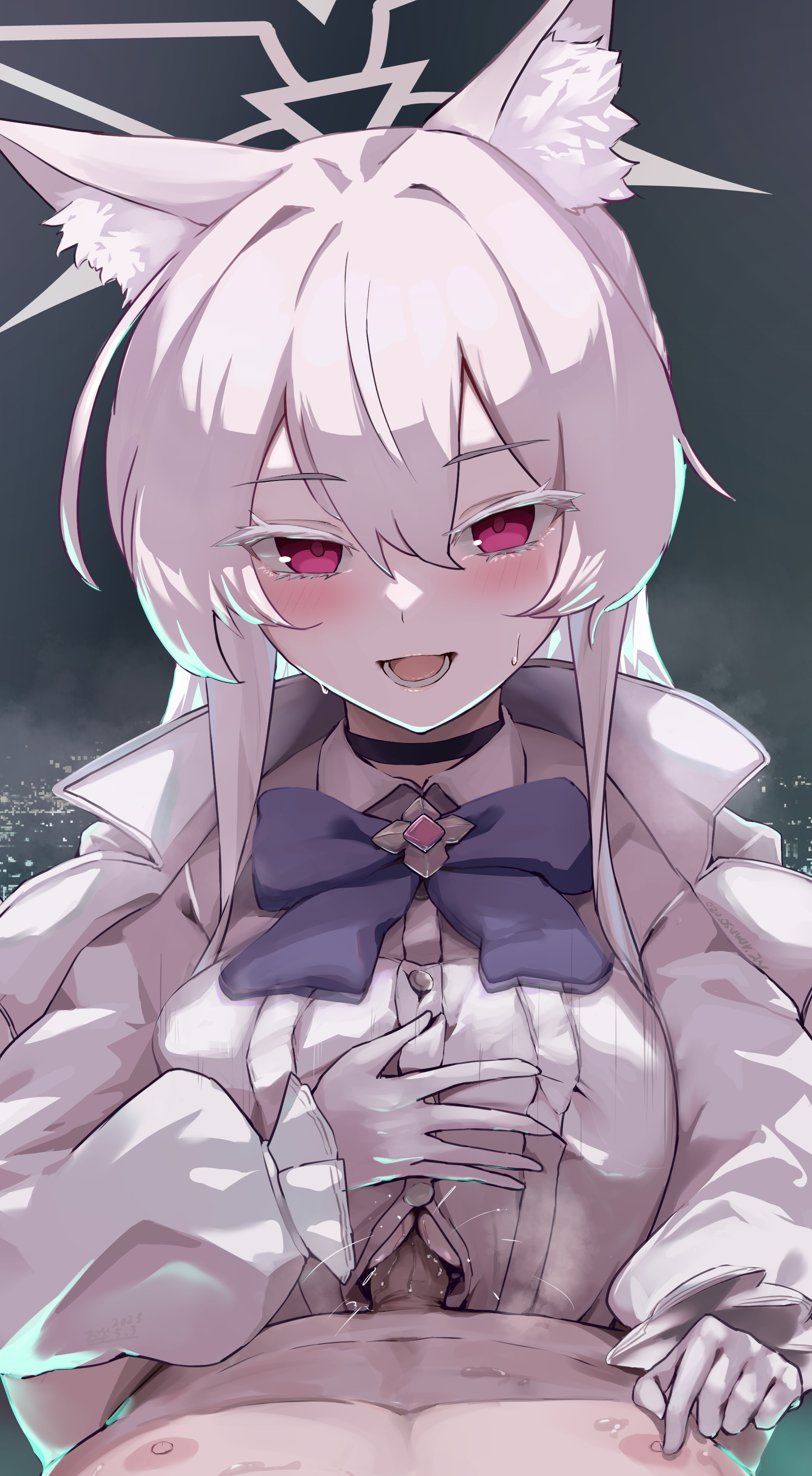 oza osuwari, akira (blue archive), blue archive, absurdres, highres, textless version, 1boy, 1girl, animal ear fluff, animal ears, black choker, blue bow, blue bowtie, blush, bow, bowtie, breasts, brooch, cape, cat ears, choker, colored eyelashes, gloves, halo, heart, hetero, jewelry, large breasts, long hair, nipple stimulation, nipple tweak, paizuri, paizuri under clothes, penis, pov, red eyes, shirt, white cape, white gloves, white hair, white shirt