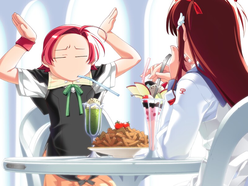 watanabe akio, konami (popotan), mai (popotan), popotan, game cg, 00s, 2girls, = =, arms up, brown hair, caramelldansen, chair, closed eyes, dessert, drinking straw, food, ice cream, long hair, mouth hold, multiple girls, pink hair, short hair, shrugging, sitting, sundae, sweets, table, wristband