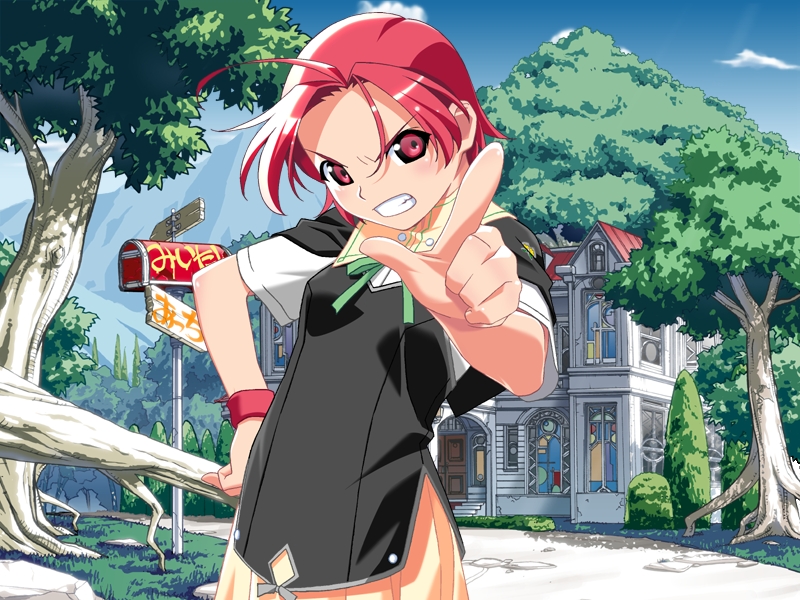 watanabe akio, mai (popotan), popotan, game cg, 00s, 1girl, ahoge, angry, blush, breasts, clenched teeth, female focus, flat chest, pink eyes, pink hair, pointing, short hair, small breasts, solo, teeth, wristband