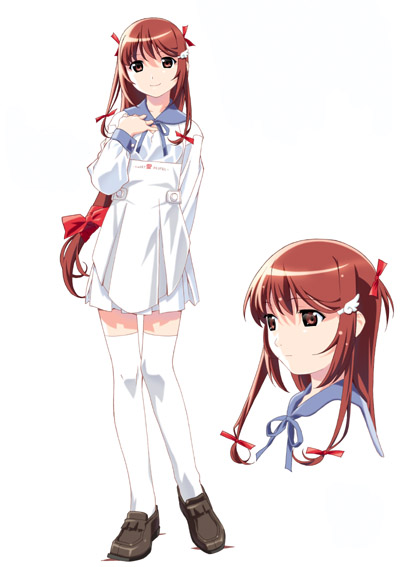 konami (popotan), popotan, 00s, 1girl, apron, brown hair, female focus, full body, hair ornament, hair ribbon, hairclip, hand on own chest, head tilt, loafers, long hair, looking at viewer, low-tied long hair, red eyes, ribbon, shoes, sidelocks, simple background, skirt, smile, solo, standing, thighhighs, very long hair, white background, white thighhighs, zettai ryouiki