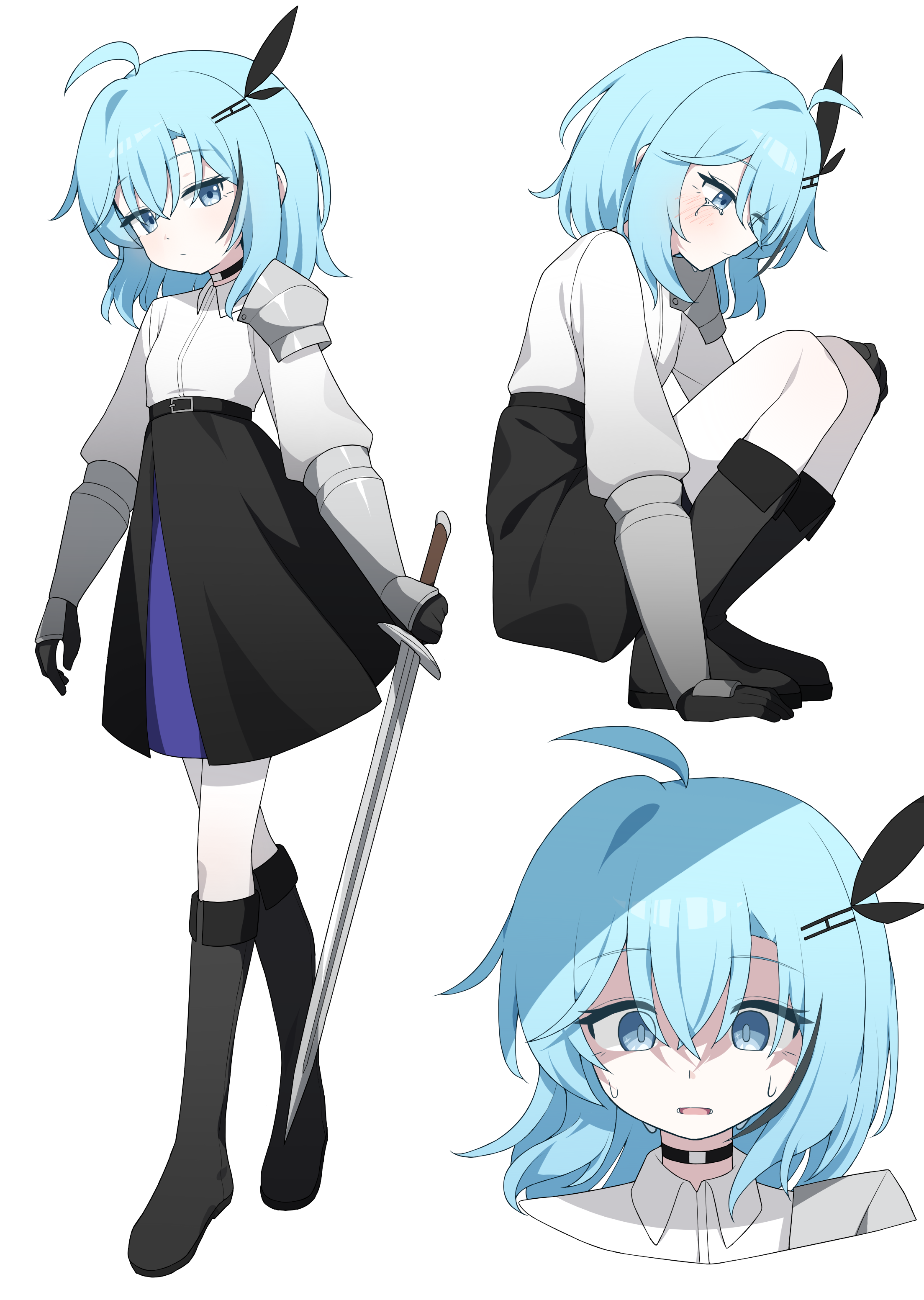 hagoonha, original, absurdres, highres, 1girl, ahoge, black boots, black choker, black gloves, black ribbon, black skirt, blue eyes, blue hair, boots, choker, crying, crying with eyes open, gloves, holding, holding sword, holding weapon, leggings, ribbon, shirt, shoulder plates, skirt, surprised, sweat, sword, tears, vambraces, weapon, white leggings, white shirt