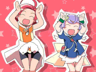 watanabe akio, mai (popotan), mii (popotan), popotan, screencap, animated, animated gif, lowres, 00s, badge, button badge, caramelldansen, qvga