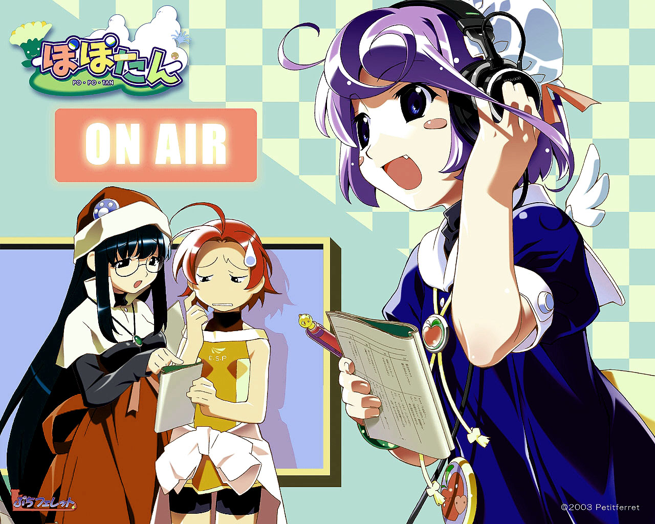 watanabe akio, ai (popotan), mai (popotan), mii (popotan), popotan, 00s, 2003, 3girls, ahoge, album cover, badge, bike shorts, black hair, blue eyes, blush, blush stickers, book, bun cover, button badge, clothes around waist, cover, fang, glasses, hand on own ear, hat, headphones, jacket, jacket around waist, jewelry, long hair, multiple girls, necklace, open mouth, pen, pointing, purple hair, red hair, short hair, sweatdrop, very long hair, window, wings