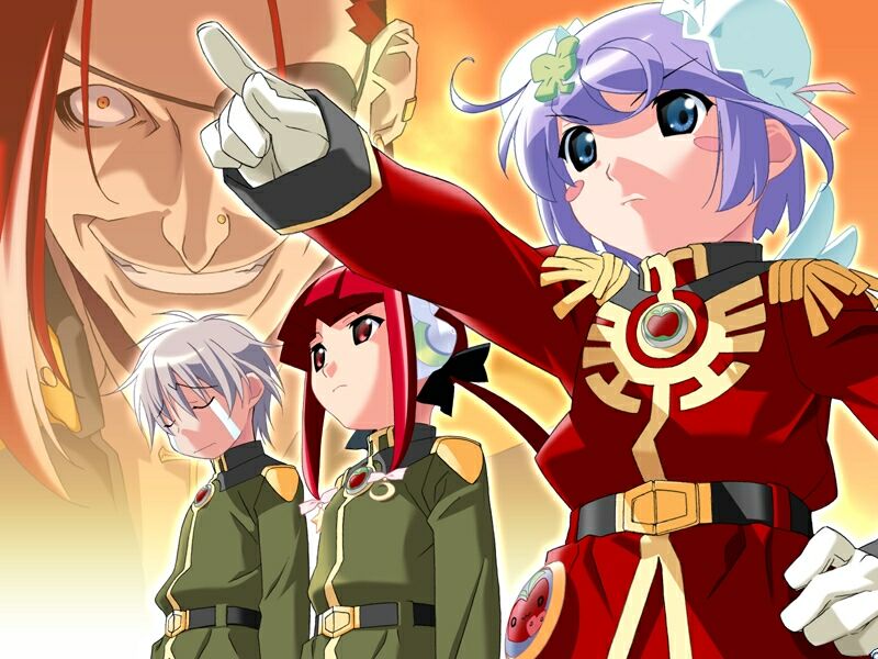 watanabe akio, chris (popotan), mea (popotan), mii (popotan), gundam, mobile suit gundam, popotan, silver hair, 2boys, 2girls, belt, blue eyes, blush stickers, bun cover, clover, clover hair ornament, crying, evil smile, four-leaf clover, gloves, hair ornament, hand on own hip, head down, military, military uniform, multiple boys, multiple girls, naughty face, parody, pointing, purple hair, red eyes, red hair, sidelocks, smile, tears, upper body, white gloves