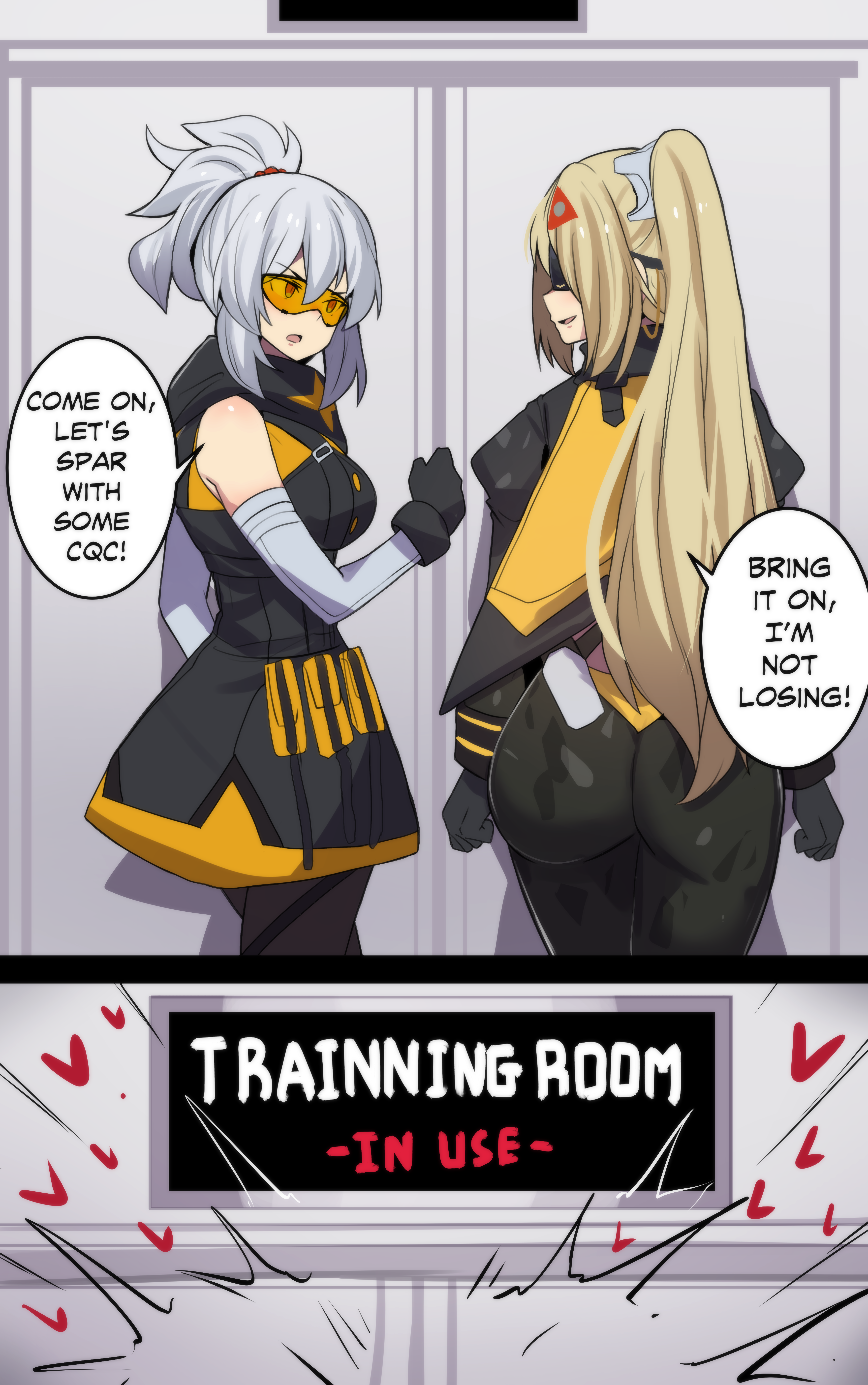 hinghoi, soldier 11 (zenless zone zero), trigger (zenless zone zero), metal gear (series), zenless zone zero, absurdres, commentary, highres, 2girls, ass, bare shoulders, black dress, black gloves, black pants, black pantyhose, blonde hair, breasts, dress, eye mask, gloves, goggles, grey hair, heart, leggings, medium breasts, multiple girls, pants, pantyhose, short dress, short hair, sidelocks, speech bubble, standing