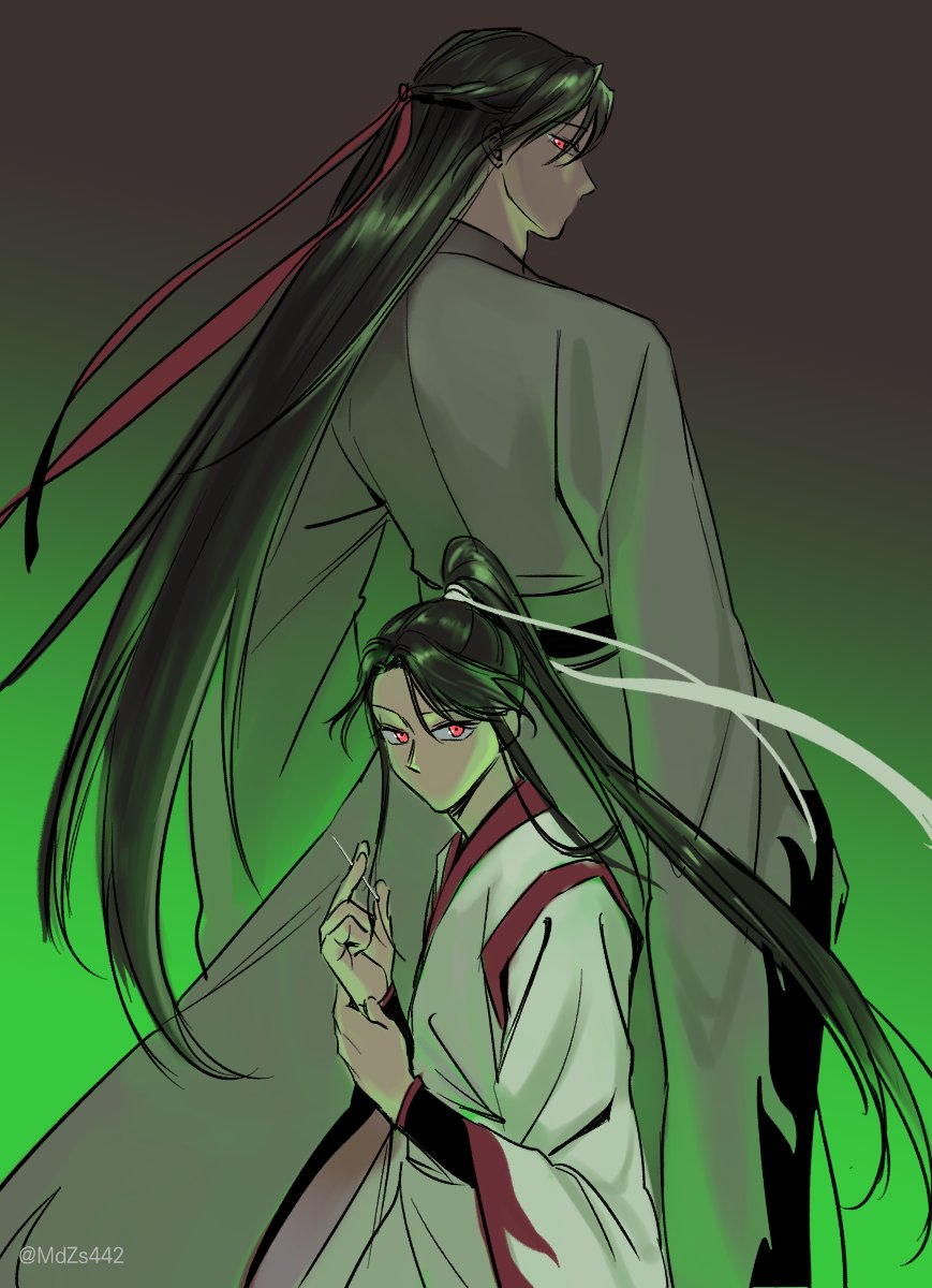 lan sizhui, wei wuxian, wei wuxian (yiling laozu), modao zushi, highres, korean commentary, 2boys, back-to-back, black hair, chinese clothes, closed mouth, coat, gradient background, green background, grey coat, hair down, hair ribbon, half updo, hanfu, headband, high ponytail, holding, holding needle, long hair, long sleeves, looking at viewer, looking back, male focus, mazz88, multiple boys, needle, official alternate costume, official alternate hairstyle, ponytail, profile, red eyes, red ribbon, ribbon, robe, sash, sidelocks, simple background, standing, twitter username, very long hair, white hanfu, white ribbon, wide sleeves