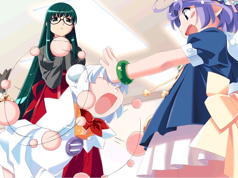watanabe akio, ai (popotan), mii (popotan), unagi (popotan), popotan, 00s, animal ears, bell, bracelet, fang, ferret ears, green eyes, green hair, jewelry, jingle bell, long hair, purple hair, short hair, very long hair, white hair