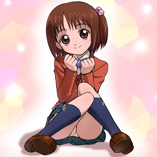 haruyama kazunori, nonomiya (futari wa precure), nonomiya (precure), futari wa precure, precure, lowres, 00s, 1girl, black socks, blazer, bow, bowtie, brown eyes, brown hair, dress shirt, female focus, hair bobbles, hair ornament, jacket, kneehighs, miniskirt, panties, pantyshot, plaid clothes, plaid skirt, school uniform, shirt, shoes, short hair, sitting, skirt, socks, solo, underwear, upskirt, vest, white panties