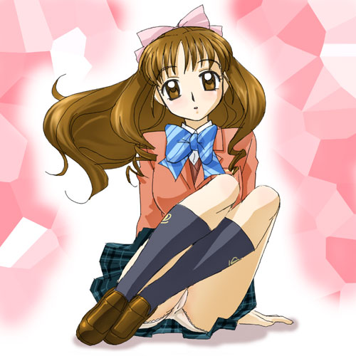 haruyama kazunori, odajima yuka, futari wa precure, precure, lowres, 00s, 1girl, arm support, black socks, blazer, bow, bowtie, brown eyes, brown hair, dress shirt, female focus, hair bow, jacket, kneehighs, long sleeves, mosaic background, panties, pantyshot, pink bow, plaid clothes, plaid skirt, school uniform, shirt, shoes, sitting, skirt, socks, solo, underwear, upskirt, vest, white panties