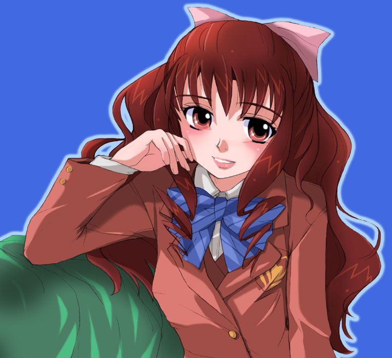 odajima yuka, futari wa precure, precure, 00s, 1girl, bow, female focus, hair bow, long hair, red eyes, red hair, ribbon, school uniform, serafuku, smile, solo