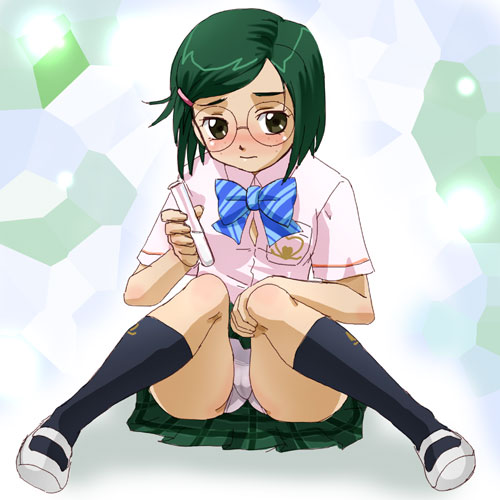 haruyama kazunori, yuriko (futari wa precure), futari wa precure, precure, lowres, 00s, 1girl, female focus, glasses, panties, pleated skirt, school uniform, serafuku, sitting, skirt, socks, solo, test tube, underwear