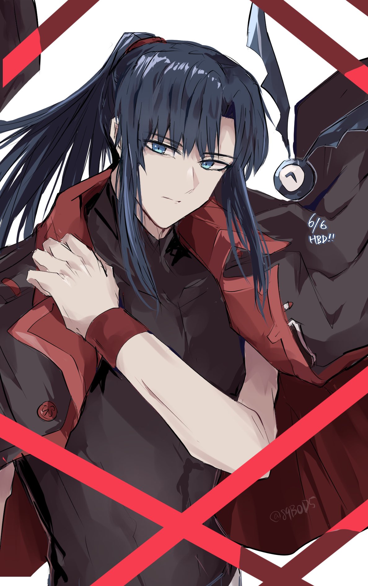 sodamachi, kanda yuu, d.gray-man, highres, 1boy, badge, bat wings, black coat, black hair, black order uniform, black shirt, blue eyes, coat, coat on shoulders, collared coat, creature, floating clothes, golem (d.gray-man), hair ribbon, high ponytail, holding, holding coat, holding unworn clothes, long hair, looking at viewer, male focus, military, military uniform, one-eyed, ponytail, red ribbon, red wrist cuffs, ribbon, shirt, sidelocks, signature, simple background, solo, striped coat, turtleneck, turtleneck shirt, twitter username, unworn coat, vertical-striped coat, white background, wings, wrist cuffs, wristband