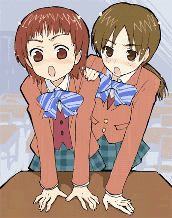 minakata sunao, kubota shiho, takashimizu rina, futari wa precure, precure, lowres, 00s, 2girls, blush, brown eyes, brown hair, flat color, hand on another's shoulder, multiple girls, open mouth, school uniform, short hair, skirt, table