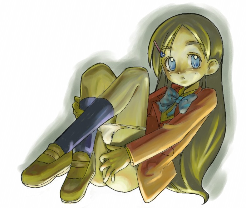 yukishiro honoka, futari wa precure, precure, 00s, 1girl, black socks, blazer, blue bow, blue eyes, bow, bowtie, brown hair, dress shirt, female focus, hair ornament, hairclip, jacket, leg hold, legs together, legs up, long hair, panties, panty pull, school uniform, shirt, shoes, sitting, socks, solo, underwear, white panties