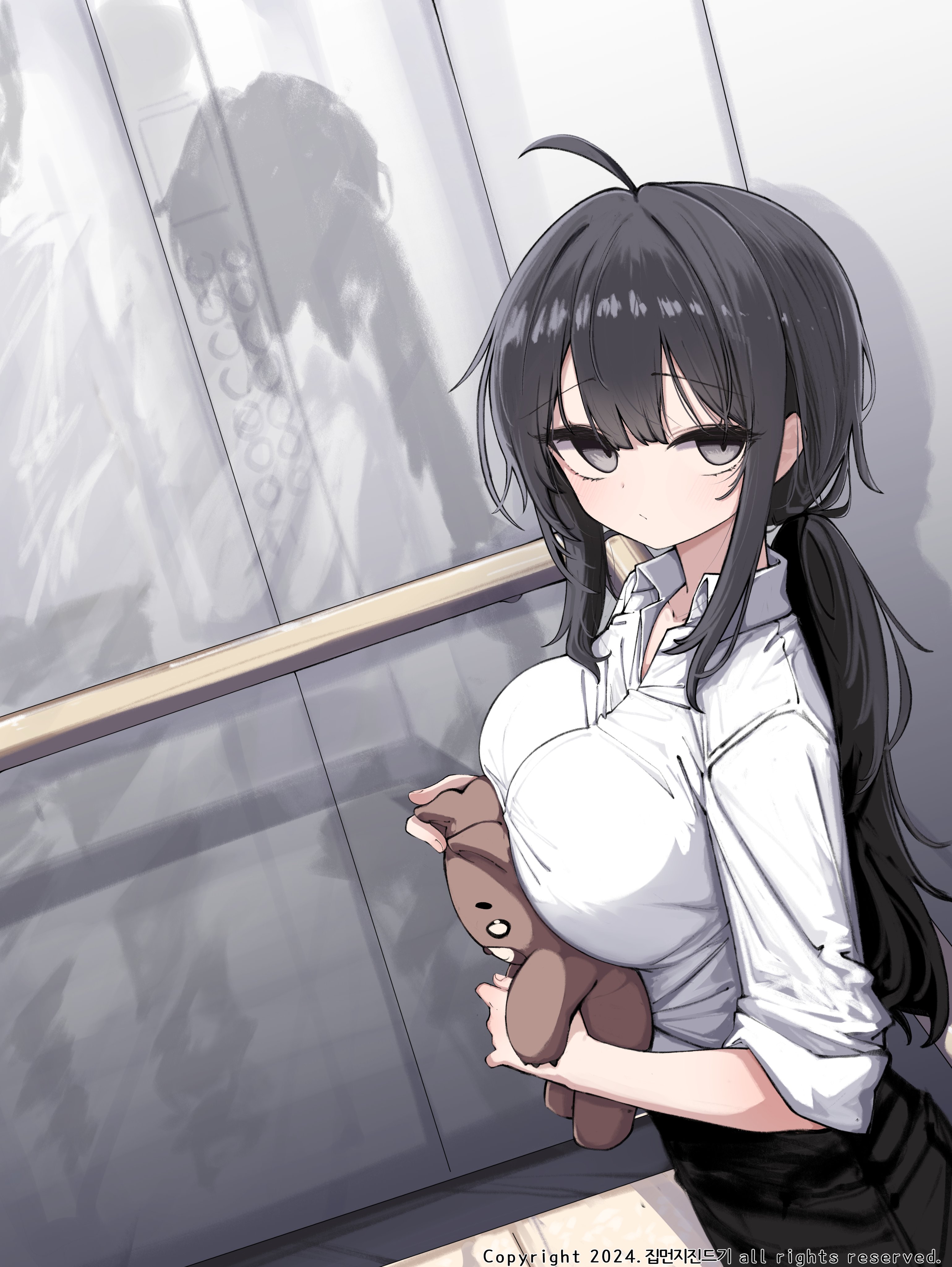 kimhiro, original, absurdres, highres, 1girl, ahoge, black skirt, breasts, elevator, from above, grey eyes, grey hair, holding, holding stuffed toy, large breasts, long hair, looking at viewer, low ponytail, ponytail, pov, shirt, skirt, stuffed animal, stuffed toy, teddy bear, white shirt
