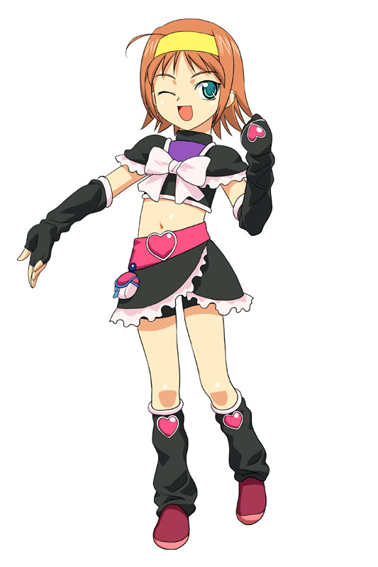 cure black, suzumiya akane, futari wa precure, kimi ga nozomu eien, precure, 1girl, ;d, black boots, boots, cosplay, cure black (cosplay), female focus, hairband, magical girl, one eye closed, open mouth, parody, smile, solo, wink