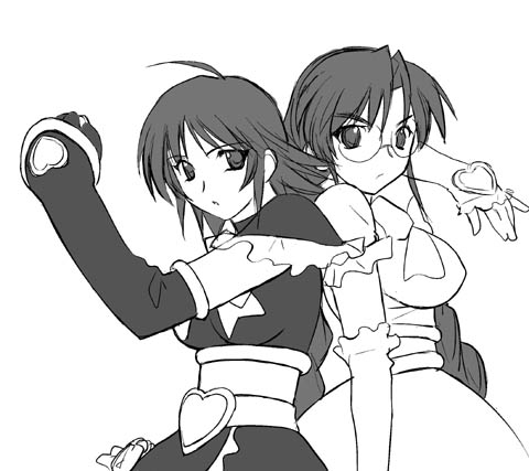 ayamine kei, cure black, cure white, sakaki chizuru, futari wa precure, muv-luv, precure, lowres, 2girls, back-to-back, cosplay, greyscale, monochrome, multiple girls, parody