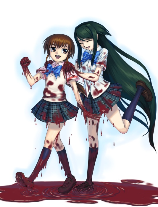 kurame, saya (saya no uta), futaba channel, futari wa precure, guro cure, kusari hime: euthanasia, precure, saya no uta, 2girls, blood, blood drip, blood on clothes, blood on face, blood on feet, blood on hands, brown eyes, brown hair, closed eyes, cosplay, crossover, green hair, long hair, multiple girls, parody, pool of blood, school uniform, serafuku, shoulder grab, sidelocks, standing, standing on one leg, very long hair