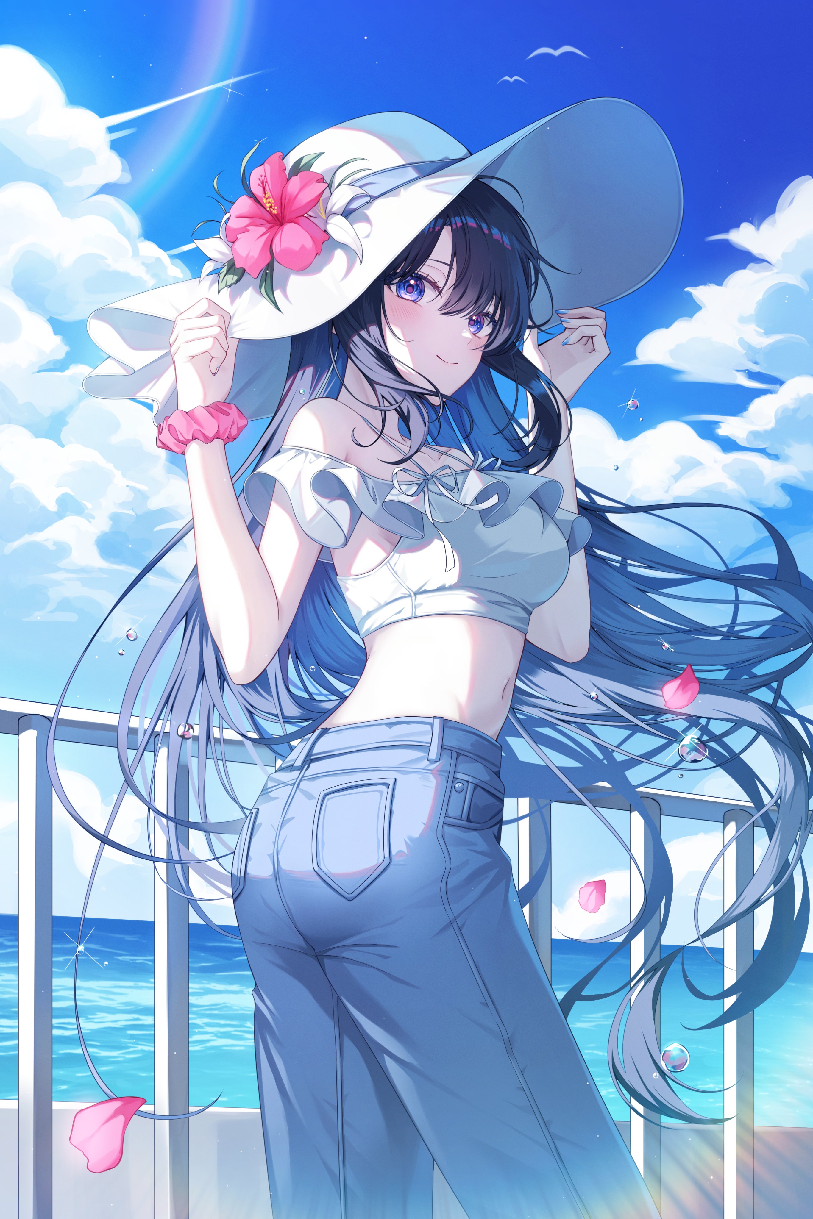hoyo illust, original, absurdres, highres, 1girl, ass, bare shoulders, bird, blue eyes, blue hair, blue pants, blue sky, blush, breasts, closed mouth, cloud, crop top, cropped shirt, denim, fence, flower, hat, hat flower, long hair, looking at viewer, medium breasts, midriff, multicolored hair, navel, ocean, outdoors, pants, purple hair, rainbow, scrunchie, shirt, sky, smile, solo, sun hat, very long hair, water, water drop, white shirt, wrist scrunchie