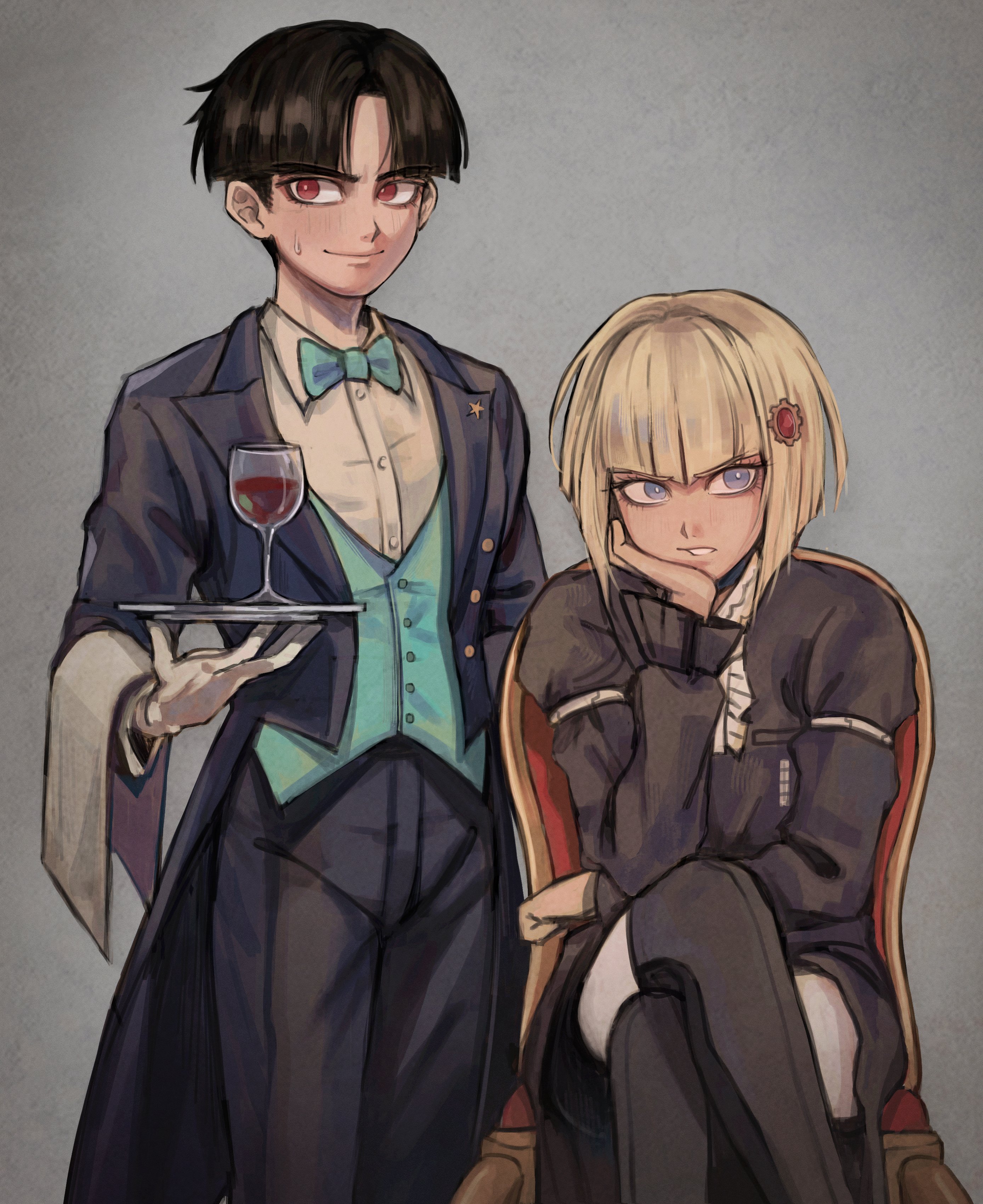 anaizzzen, maruko gaku, oosuzuki kurara, the hundred line -last defense academy-, absurdres, commentary, english commentary, highres, 1boy, 1girl, alcohol, black dress, black hair, black pants, black tailcoat, black thighhighs, blonde hair, blue vest, bright pupils, butler, chair, collared shirt, crossed legs, cup, dress, drinking glass, elbow rest, grey background, grey eyes, hair ornament, head rest, holding, holding plate, no mask, on chair, pants, plate, red eyes, shirt, short hair, sitting, sweatdrop, thighhighs, towel, towel on arm, vest, white pupils, white shirt, wine, wine glass