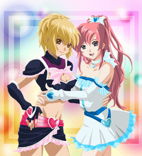 cagalli yula athha, cure black, cure white, lacus clyne, futari wa precure, gundam, gundam seed, precure, eyebrows, 2girls, bare shoulders, blonde hair, blue eyes, bow, breasts, brown eyes, choker, cleavage, closed mouth, collar, cosplay, crop top, cure black (cosplay), cure white (cosplay), detached sleeves, dress, elbow gloves, fingerless gloves, gloves, grey eyes, half updo, hand on own hip, heart, hip focus, long hair, looking at viewer, magical girl, midriff, multiple girls, navel, open mouth, panties, pantyshot, parody, pink hair, ponytail, red hair, short hair, skirt, smile, standing, strapless, strapless dress, teeth, underwear, upper teeth only, white panties