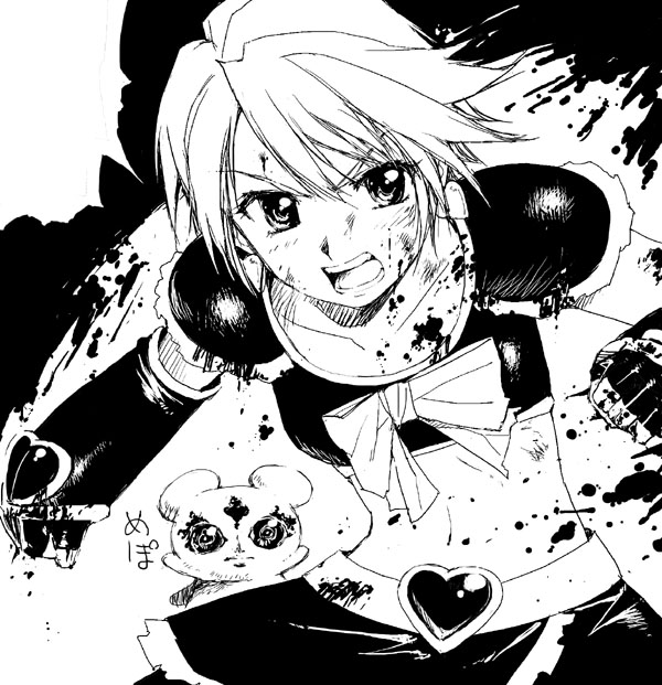 cure black, mepple, misumi nagisa, futari wa precure, precure, 00s, 1girl, angry, blood, bow, female focus, greyscale, heart, magical girl, midriff, monochrome, navel, ribbon, serious, short hair, solo