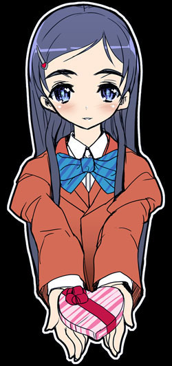 akaga hirotaka, yukishiro honoka, futari wa precure, precure, striped, 00s, 1girl, blazer, blue bow, blue eyes, blue hair, blush, bow, bowtie, close-up, female focus, gift, hair ornament, hairclip, heart, holding, holding gift, incoming gift, jacket, long hair, matching hair/eyes, outstretched arms, outstretched hand, pov, reaching, school uniform, smile, solo, valentine