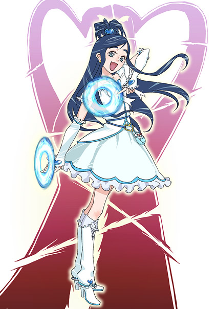 cure white, yukishiro honoka, zakenna, futari wa precure, precure, 00s, 1girl, blue eyes, blue hair, boots, brooch, chakram, elbow gloves, female focus, gloves, half updo, heart, heart brooch, high heels, jewelry, knee boots, long hair, magical girl, matching hair/eyes, shoes, solo, weapon, white boots