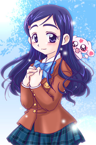 mipple, yukishiro honoka, futari wa precure, precure, lowres, 00s, 1girl, black eyes, black hair, blazer, blue background, blue bow, bow, creature, eyelashes, female focus, hair ornament, hairclip, jacket, long hair, mascot, plaid clothes, plaid skirt, ribbon, school uniform, serafuku, skirt, smile, solo