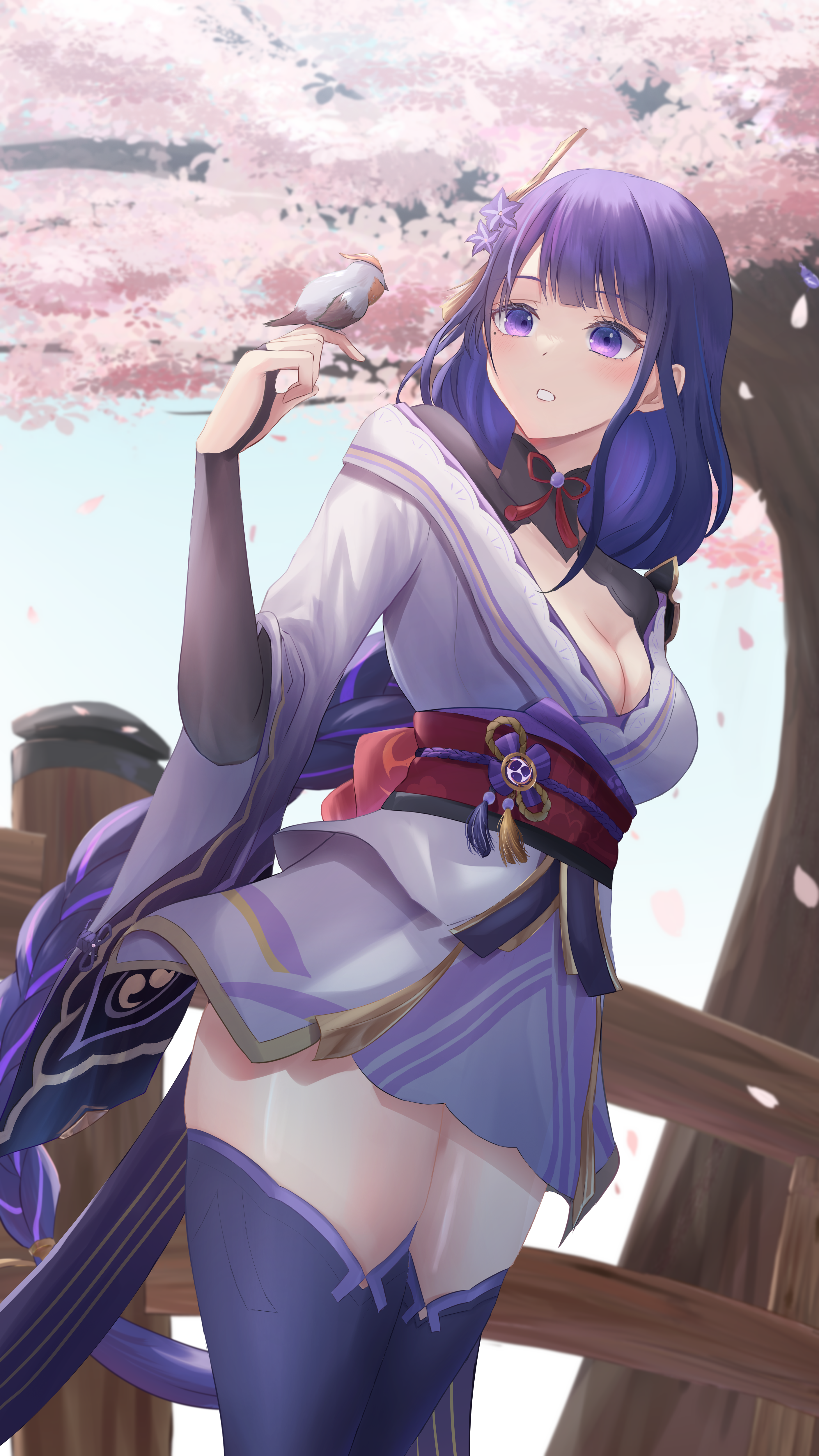 omsbi 122, raiden shogun, genshin impact, absurdres, commentary request, highres, 1girl, animal, armor, asymmetrical sleeves, bird, bird on hand, blue sky, blunt bangs, blurry, blurry background, blush, braid, breasts, bridal gauntlets, cherry blossoms, cleavage, clothing cutout, cloud, cloudy sky, falling petals, fence, flower, flower ornament, gradient hair, hair ornament, head tilt, huge breasts, japanese clothes, kimono, long braid, long hair, looking at animal, looking down, looking to the side, mitsudomoe (shape), mole, mole under eye, multicolored hair, neck ribbon, off shoulder, outdoors, parted lips, petals, pink petals, purple eyes, purple flower, purple hair, purple kimono, purple thighhighs, red ribbon, red sash, ribbon, sash, shade, shoulder armor, shoulder cutout, single braid, sky, solo, standing, streaked hair, teeth, thick thighs, thighhighs, thighs, tomoe (symbol), tree, uneven sleeves, upper body, wide sleeves, wooden fence