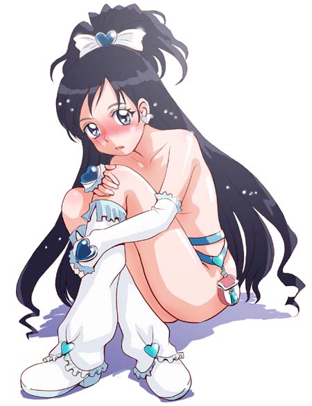cure white, yukishiro honoka, futari wa precure, precure, 00s, 1girl, black hair, blush, boots, female focus, gloves, half updo, knee boots, long hair, looking at viewer, nude, sitting, solo, white background, white boots