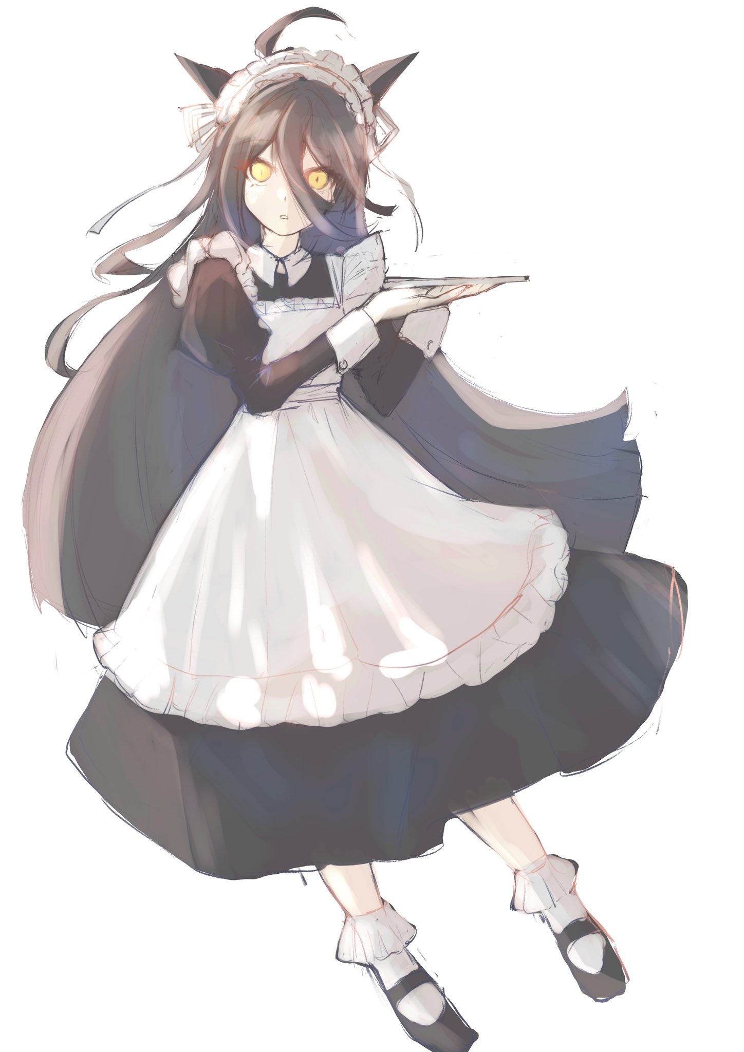 manhattan cafe (umamusume), umamusume, highres, 1girl, ahoge, animal ears, apron, black dress, black hair, dress, frills, hair between eyes, holding, holding tray, horse ears, horse girl, long bangs, long hair, long hair between eyes, long sleeves, looking at viewer, maid, maid apron, maid headdress, parted lips, shipapome, shoes, simple background, socks, solo, teeth, tray, white apron, white background, white socks, wrist cuffs, yellow eyes