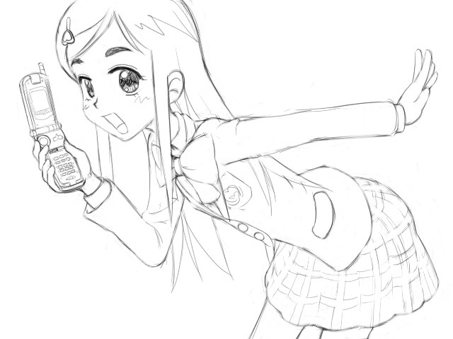 yukishiro honoka, futari wa precure, precure, 00s, 1girl, cellphone, female focus, greyscale, leaning forward, monochrome, phone, simple background, solo, white background