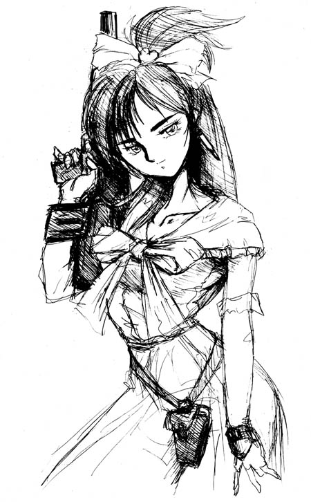 cure white, yukishiro honoka, futari wa precure, precure, 00s, 1girl, female focus, greyscale, gun, half updo, magical girl, monochrome, simple background, solo, weapon, white background