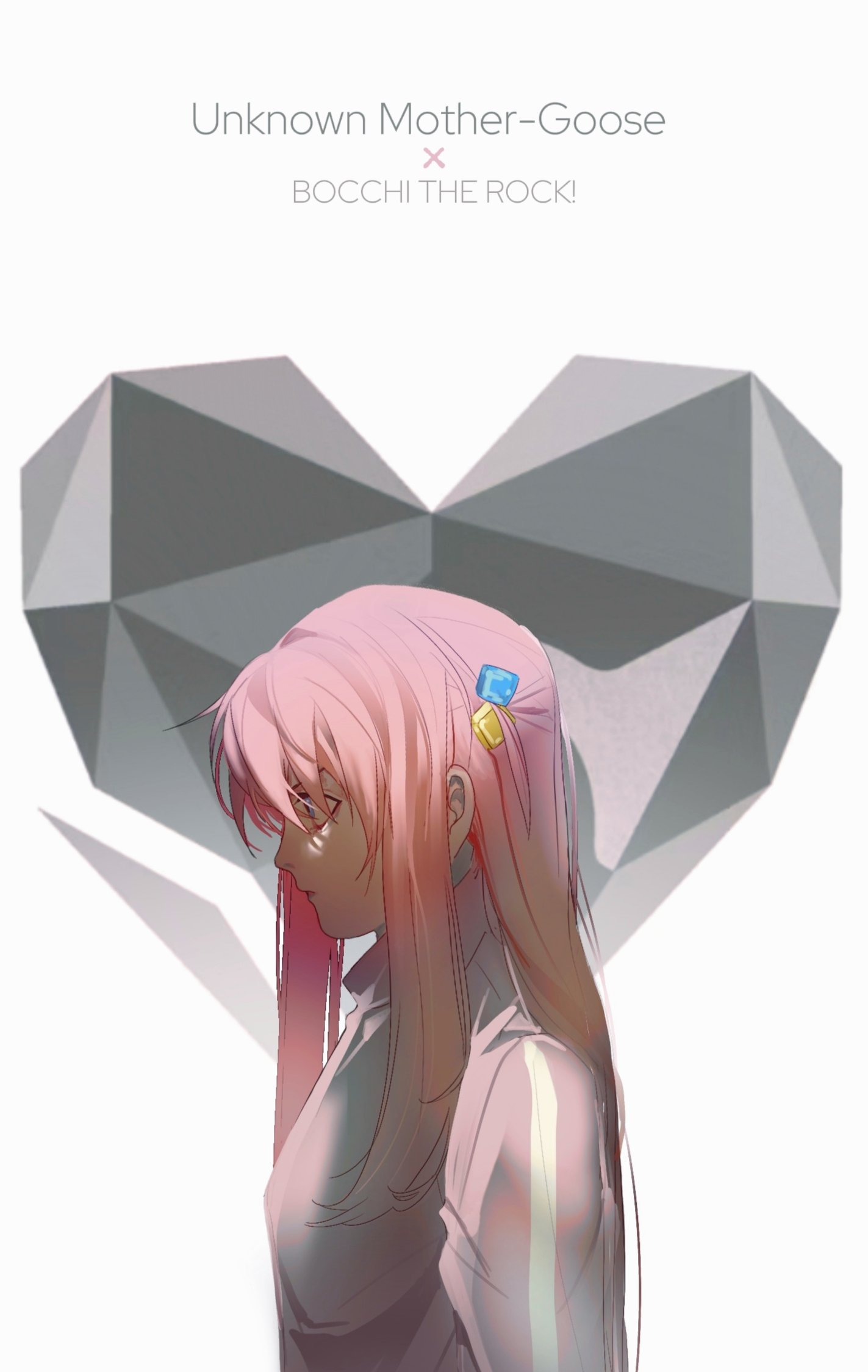 biquan dogger, gotoh hitori, bocchi the rock!, unknown mother goose (vocaloid), highres, 1girl, blue eyes, cube hair ornament, from side, hair ornament, jacket, long hair, pink hair, pink jacket, profile, solo, track jacket, track suit, upper body, white background