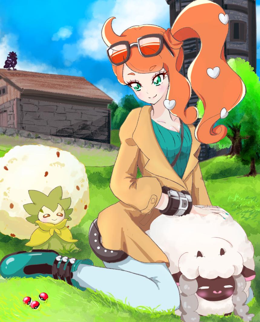 koto510 46, eldegoss, sonia (pokemon), wooloo, nintendo, pokemon, pokemon swsh, 1girl, aqua boots, aqua eyes, aqua shirt, black-framed eyewear, boots, breasts, brown coat, cleavage, coat, collarbone, cotton ball, denim, eyewear on head, gen 8 pokemon, hair ornament, heart, heart hair ornament, jeans, long hair, medium breasts, orange-tinted eyewear, orange hair, pants, pokemon (creature), ribbed shirt, sheep, shirt, side ponytail, sitting, smile, sunglasses, swept bangs, tinted eyewear, v-neck, wariza, wavy hair