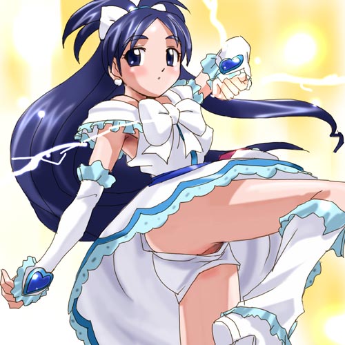 haruyama kazunori, cure white, yukishiro honoka, futari wa precure, precure, lowres, 00s, 1girl, boots, dress, female focus, half updo, kicking, knee boots, magical girl, panties, pantyshot, pussy, pussy peek, solo, uncensored, underwear, upskirt, white boots, white panties