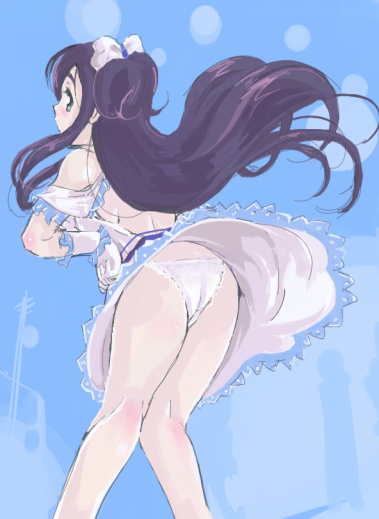 cure white, yukishiro honoka, futari wa precure, precure, 00s, 1girl, blue background, clothes lift, female focus, half updo, magical girl, panties, pantyshot, skirt, skirt lift, solo, standing, underwear, upskirt, white panties