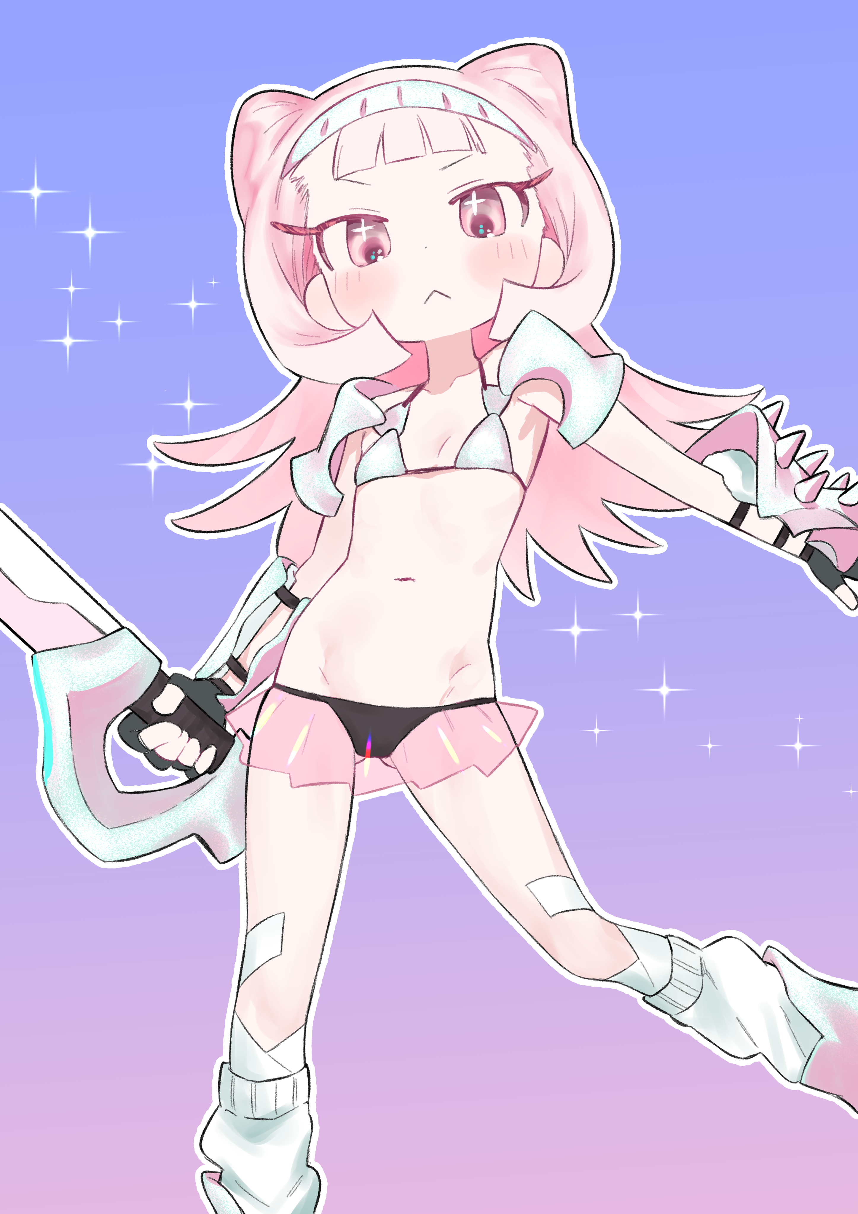 yabasoba, original, absurdres, highres, 1girl, :<, armor, bikini, blush, fingerless gloves, flat chest, gloves, holding, holding sword, holding weapon, long hair, looking at viewer, loose socks, mismatched bikini, navel, pink eyes, pink hair, shoulder armor, socks, solo, sparkle, swimsuit, sword, weapon