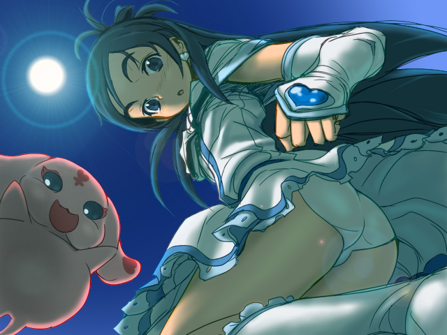 cure white, mipple, yukishiro honoka, futari wa precure, precure, 00s, 1girl, ass, blue eyes, blue hair, boots, dress, earrings, elbow gloves, female focus, from below, gloves, half updo, jewelry, lens flare, magical girl, panties, pantyshot, solo, underwear, upskirt, white boots, white panties