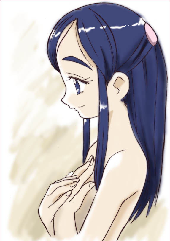 yukishiro honoka, futari wa precure, precure, 00s, 1girl, blue eyes, blue hair, border, completely nude, eyelashes, female focus, matching hair/eyes, nude, profile, solo