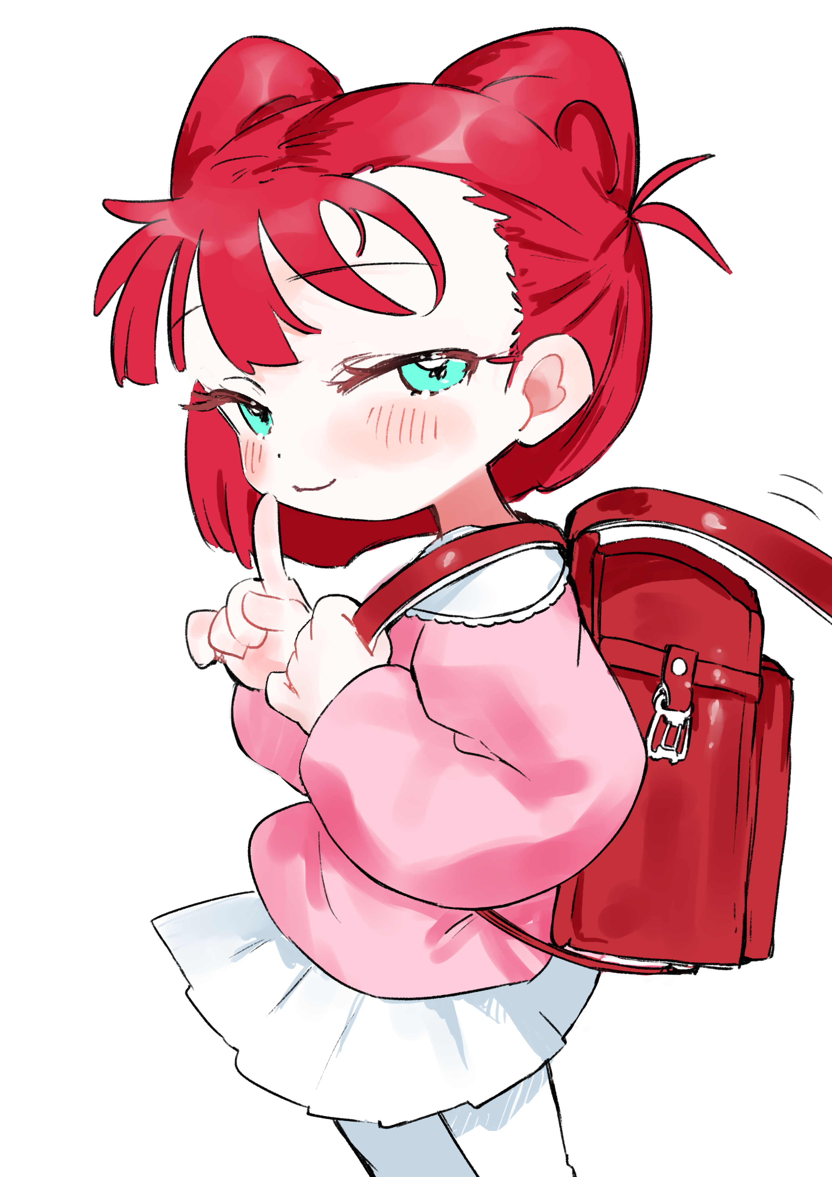 yabasoba, original, absurdres, highres, 1girl, aqua eyes, backpack, bag, blush, index finger raised, looking at viewer, pantyhose, pink sweater, randoseru, red bag, red hair, skirt, smile, solo, sweater, white pantyhose, white skirt