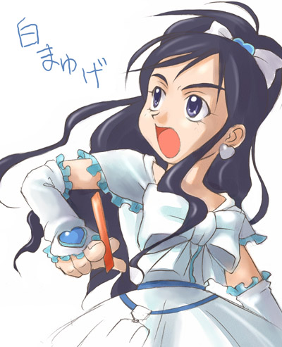 cure white, yukishiro honoka, futari wa precure, precure, lowres, 00s, black hair, blue eyes, red card, solo, white background