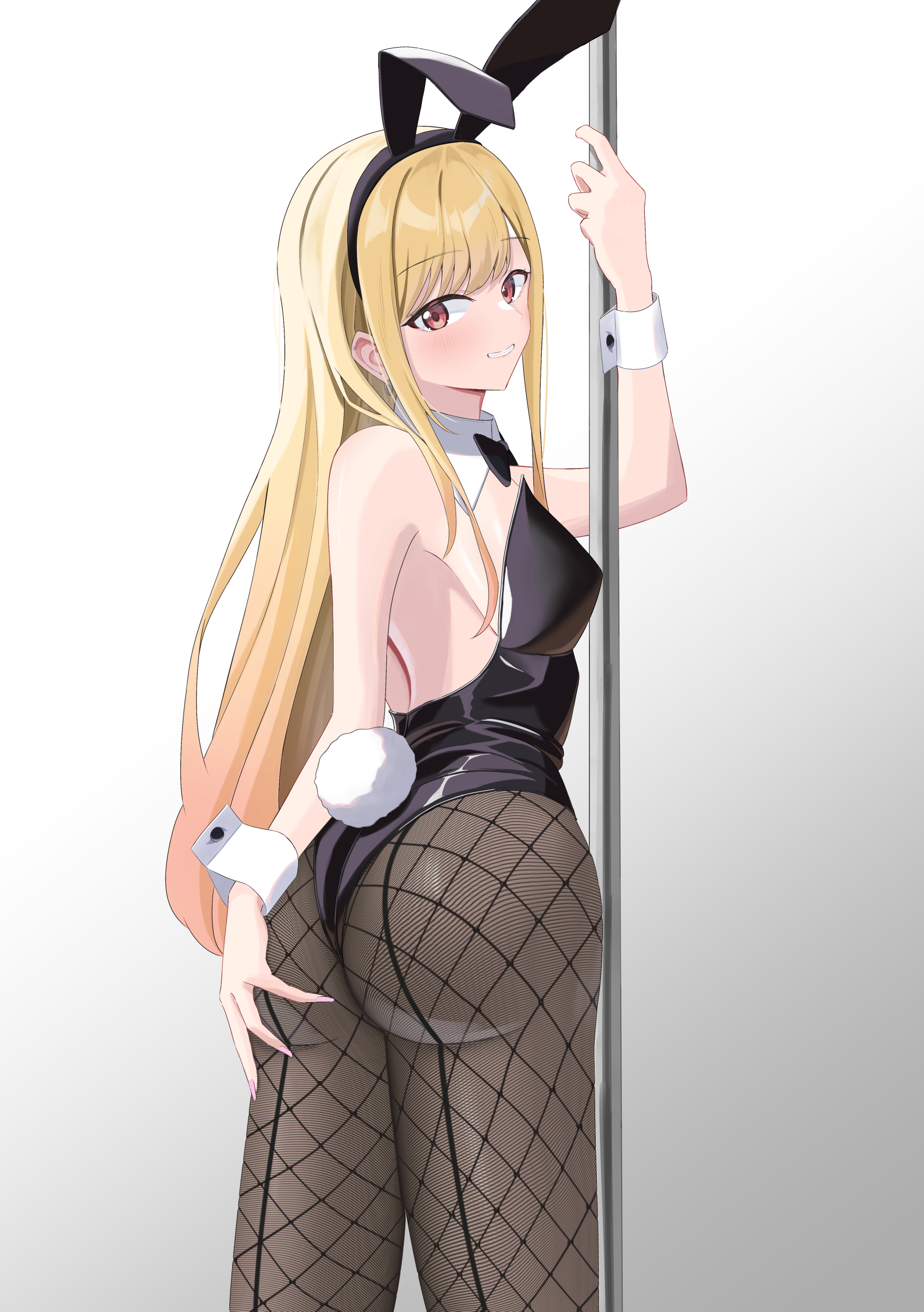 hifumin o0, kitagawa marin, sono bisque doll wa koi wo suru, absurdres, highres, animal ear hairband, animal ears, ass, black bow, black bowtie, black leotard, black pantyhose, blonde hair, bow, bowtie, breasts, detached collar, fake animal ears, fishnet pantyhose, fishnets, gradient background, grey background, hairband, leotard, long hair, looking at viewer, looking back, medium breasts, pantyhose, playboy bunny, pole, rabbit ears, rabbit tail, red eyes, strapless, strapless leotard, stripper pole, tail, white background, wrist cuffs