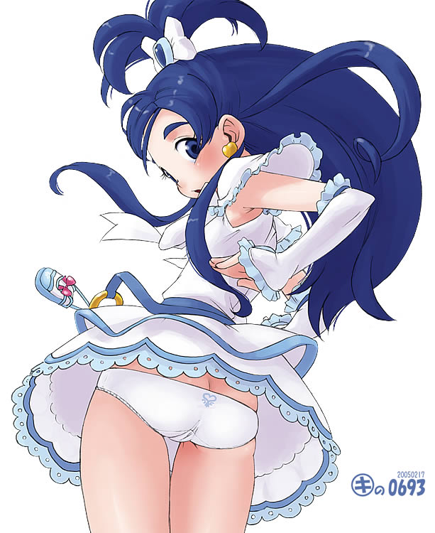 kei jiei, cure white, yukishiro honoka, futari wa precure, precure, 00s, 1girl, 2005, ass, back, cameltoe, clothes lift, dated, detached sleeves, dress, dress lift, female focus, from behind, half updo, looking back, lowleg, lowleg panties, magical girl, panties, pantyshot, purple eyes, purple hair, sash, simple background, skirt, skirt lift, solo, thigh gap, thighs, underwear, upskirt, white background, white panties