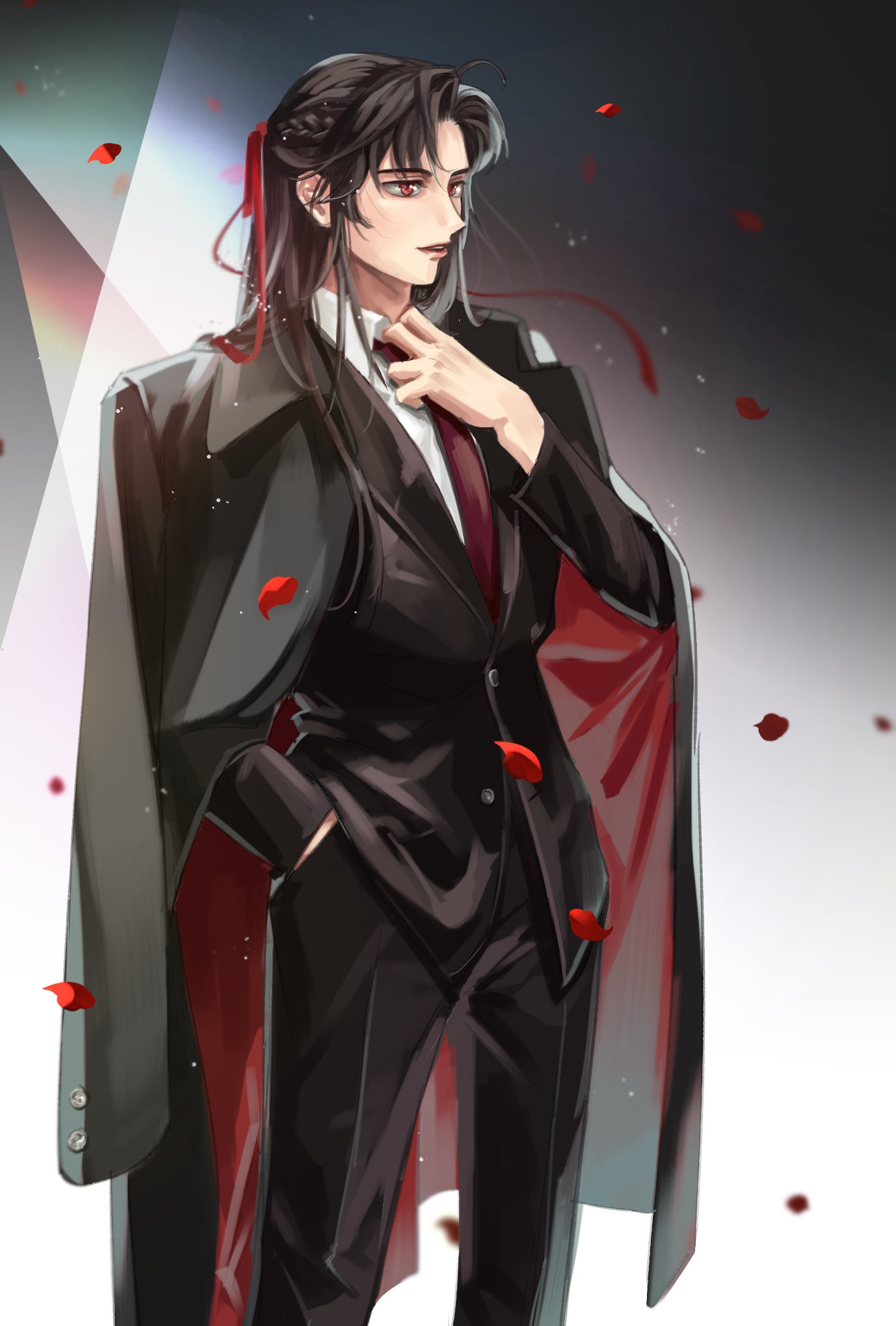 wei wuxian, wei wuxian (yiling laozu), modao zushi, highres, korean commentary, 1boy, adjusting clothes, adjusting necktie, ahoge, alternate costume, black coat, black hair, black jacket, black pants, black suit, coat, coat on shoulders, collared shirt, contemporary, falling petals, formal clothes, hair down, hair ribbon, half updo, hand in pocket, jacket, light particles, long hair, long sleeves, male focus, mazz88, necktie, official alternate hairstyle, pants, parted lips, petals, red eyes, red necktie, red petals, red ribbon, ribbon, shirt, sidelocks, smile, solo, standing, suit, two-sided coat, two-sided fabric, white shirt