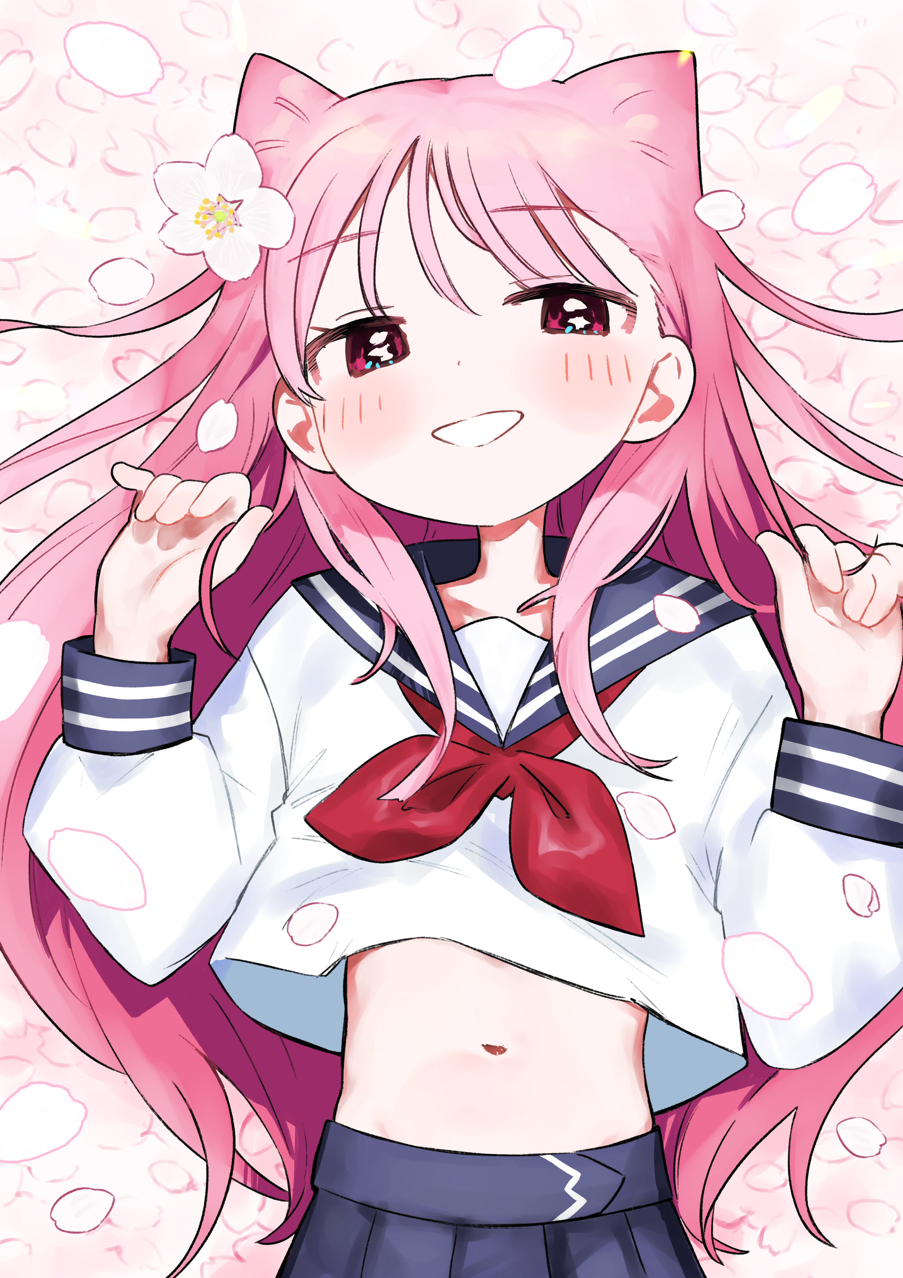 yabasoba, original, absurdres, highres, 1girl, blush, flower, hair spread out, long hair, looking at viewer, lying, navel, on back, petals, pink hair, red eyes, school uniform, serafuku, skirt, smile, solo, white flower