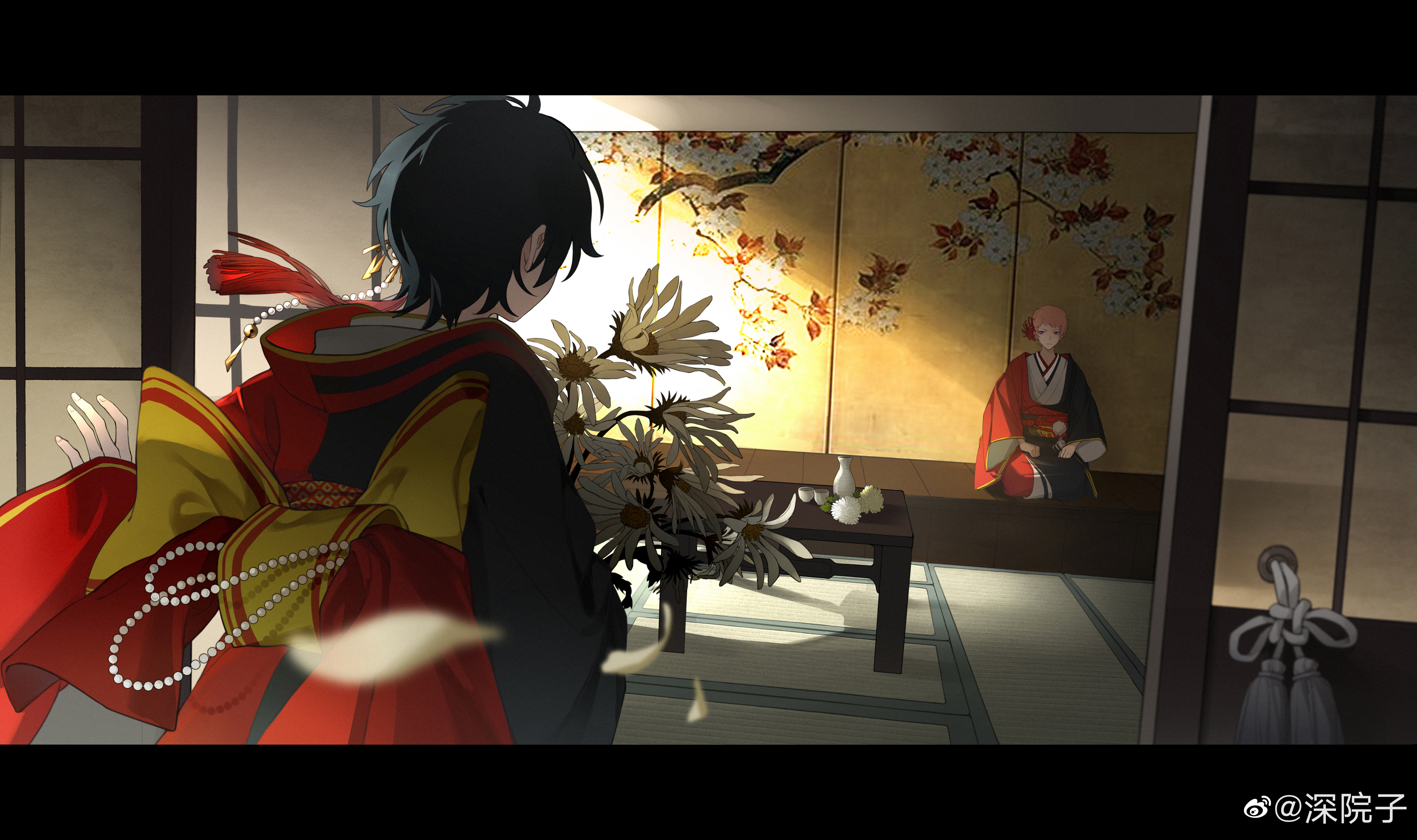 itsuki shu, kagehira mika, ensemble stars!, absurdres, chinese commentary, highres, 2boys, architecture, black border, black hair, black kimono, border, bouquet, choko (cup), chrysanthemum, closed mouth, cup, daisy (flower), east asian architecture, facing away, falling petals, flower, from behind, full body, grey kimono, hair flower, hair ornament, holding, holding bouquet, japanese clothes, kimono, letterboxed, long sleeves, looking at another, male focus, multicolored kimono, multiple boys, obi, official alternate costume, opening door, petals, pink hair, purple eyes, red flower, red kimono, sash, school festival tamayori's haunted dollhouse (ensemble stars!), shen yuanzi, short bangs, short hair, shouji, sideways glance, sliding doors, spider lily, sunlight, table, tassel, tassel hair ornament, tatami, tokkuri, upper body, v-shaped eyebrows, valkyrie (ensemble stars!), watermark, weibo watermark, white flower, yellow sash